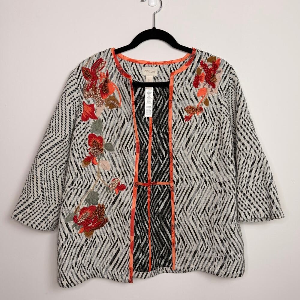 Chico’s Embroidered Open Front Jacket Kimono Cardigan Blk/Wht Floral Petite 1P